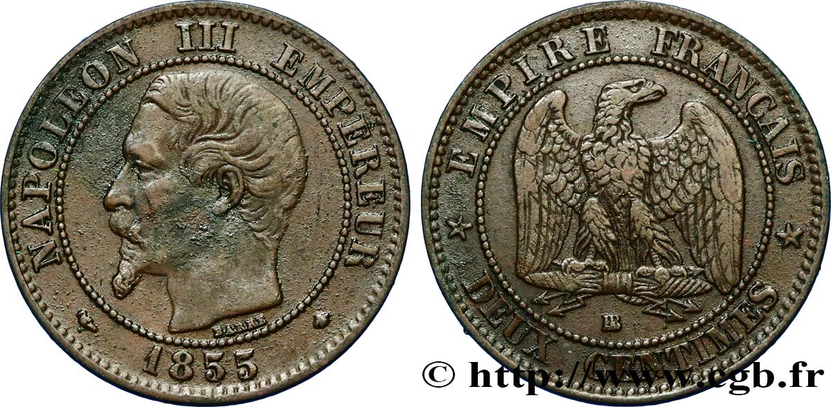 Deux centimes Napoléon III, tête nue 1855 Strasbourg F.107/23 MBC45 