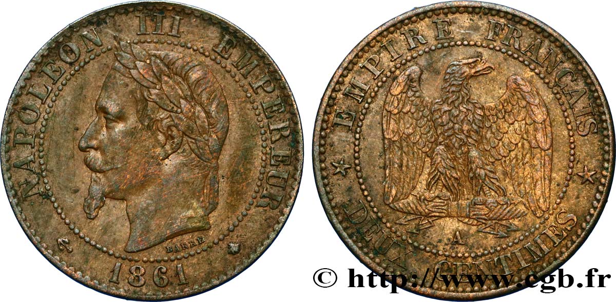 Deux centimes Napoléon III, tête laurée 1861 Paris F.108/1 AU