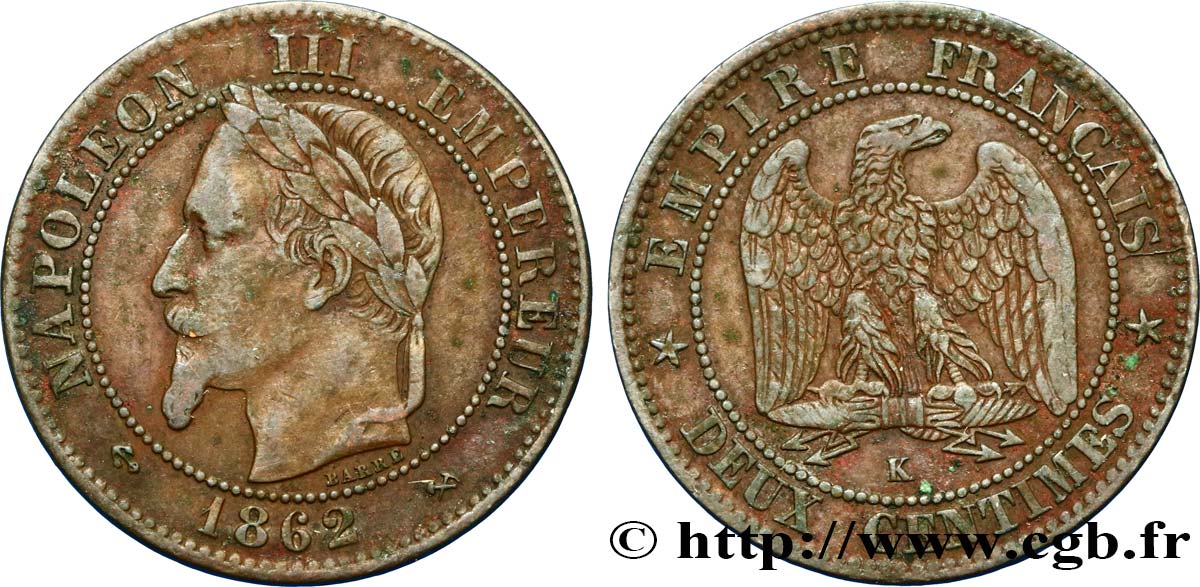 Deux centimes Napoléon III, tête laurée, buste définitif 1862 Bordeaux F.108A/7 BC35 