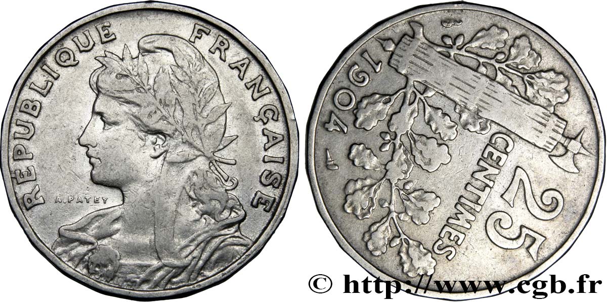 25 centimes Patey, 2e type, Fautée Coins Tournés 1904  F.169/2 XF40 