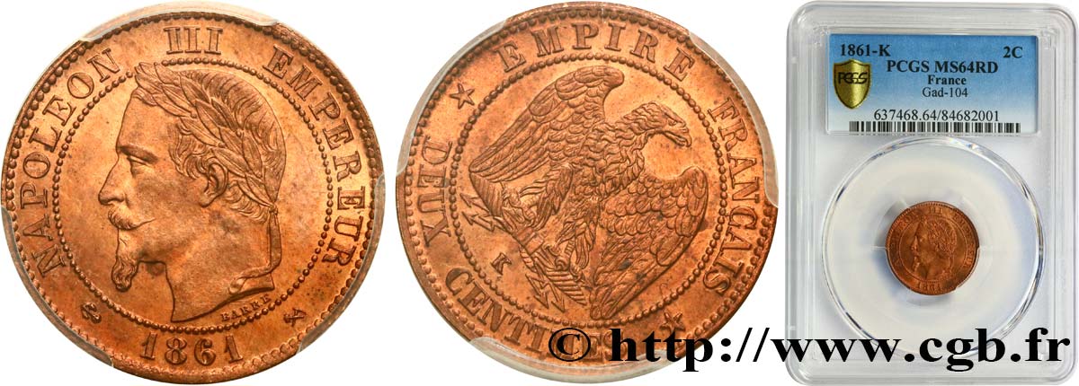 Deux centimes Napoléon III, tête laurée, axe à 7h30 1861 Bordeaux F.108A/3 SPL64 PCGS