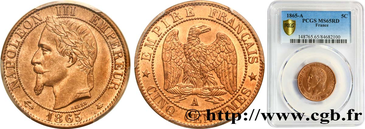 Cinq centimes Napoléon III, tête laurée 1865 Paris F.117/16 FDC65 PCGS
