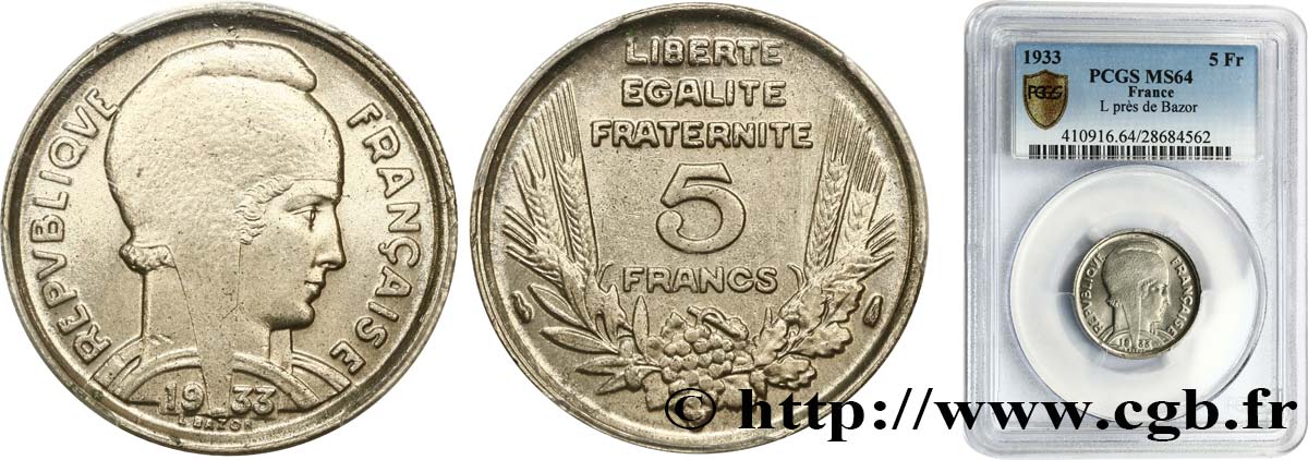 5 francs Bazor 1933  F.335/3 SPL64 PCGS