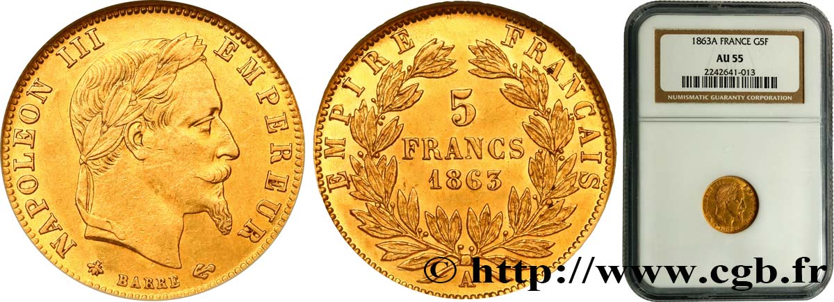5 francs or Napoléon III, tête laurée 1863 Paris F.502/3 EBC55 NGC