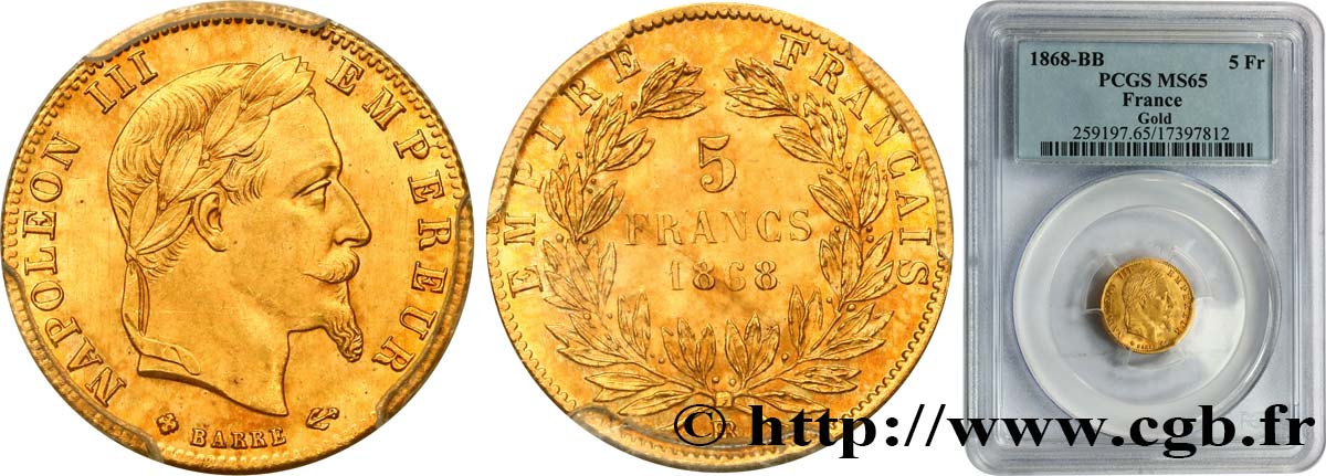 5 francs or Napoléon III, tête laurée 1868 Strasbourg F.502/14 FDC65 PCGS