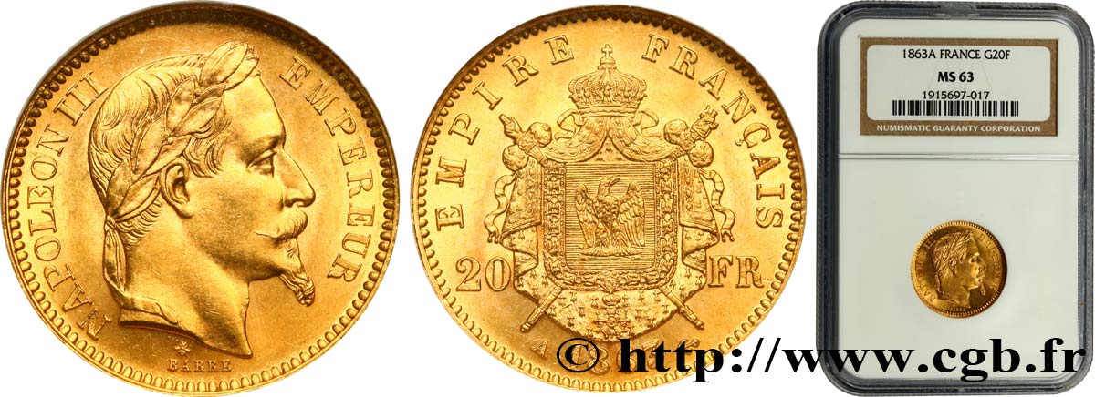 20 francs or Napoléon III, tête laurée 1863 Paris F.532/6 SPL63 NGC