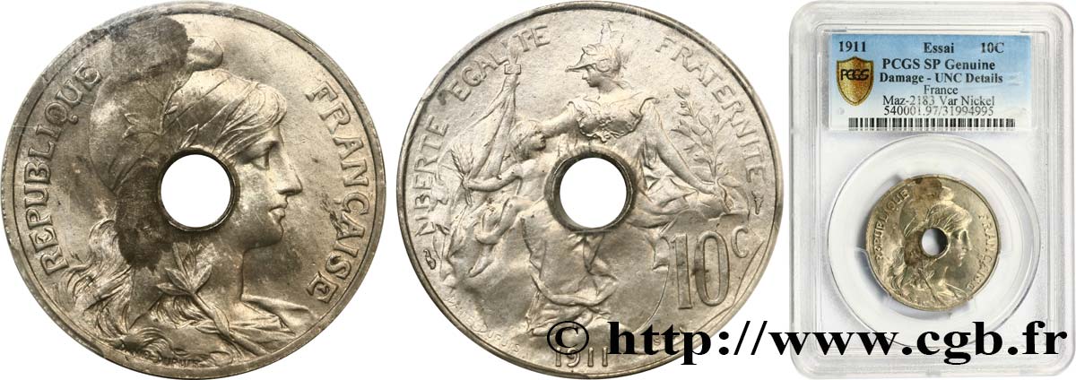 Essai de 10 centimes Daniel-Dupuis 1911  Maz.2183 var. SC PCGS