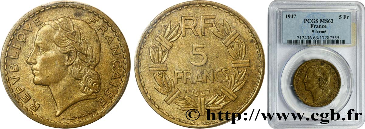 5 francs Lavrillier, bronze-aluminium 1947  F.337/9 fST63 PCGS
