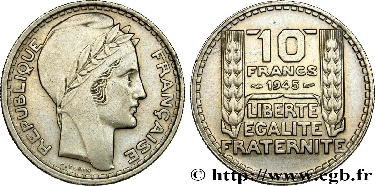 10 francs Turin, grosse tête, rameaux longs 1945  F.361/2 MBC52 