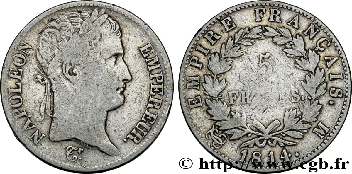 5 francs Napoléon Empereur, Empire français 1814 Toulouse F.307/82 TB15 