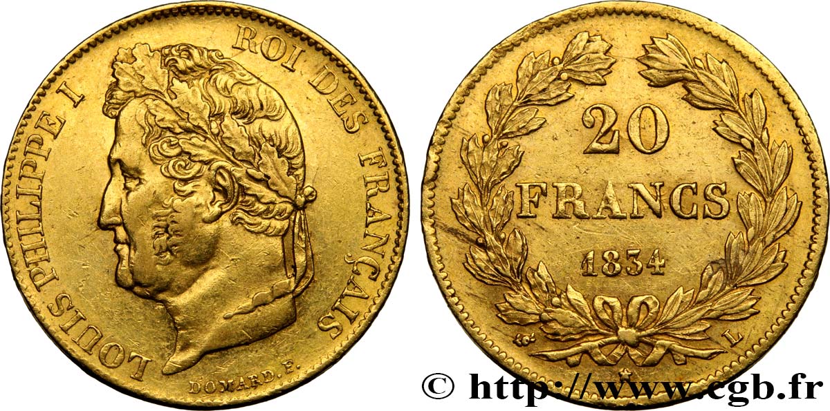 20 francs or Louis-Philippe, Domard 1834 Bayonne F.527/9 AU50 