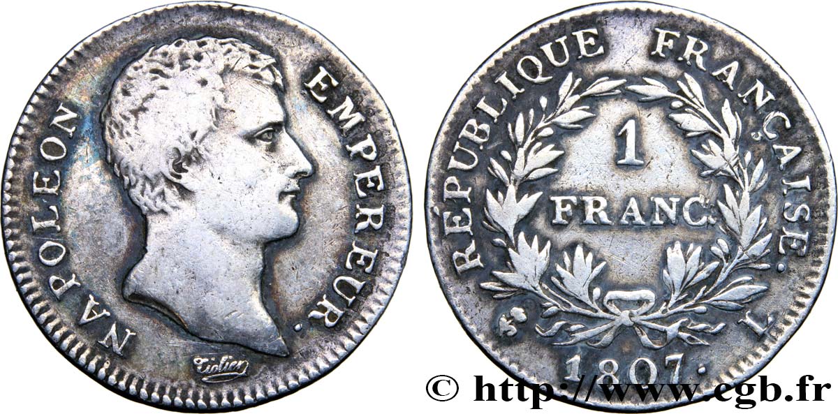 1 franc Napoléon Empereur, Calendrier grégorien 1807 Bayonne F.202/14 TB 