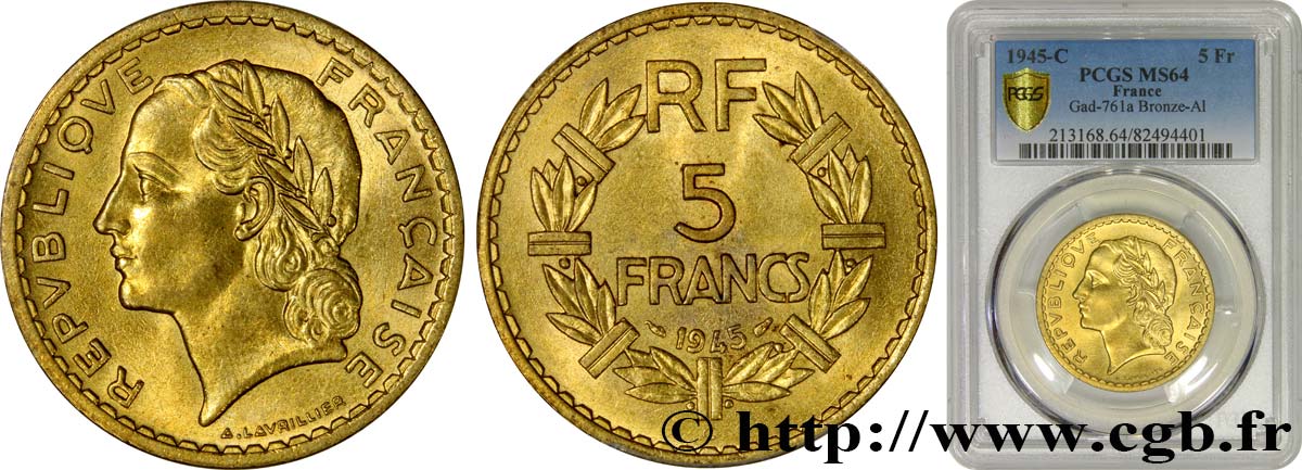 5 francs Lavrillier, bronze-aluminium 1945 Castelsarrasin F.337/6 SPL64 PCGS