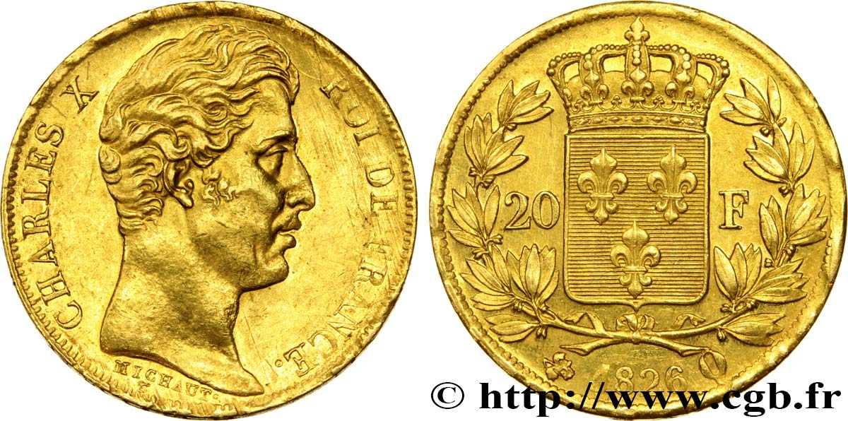 20 francs or Charles X, matrice du revers à quatre feuilles et demie 1826 Perpignan F.520/4 TTB50 