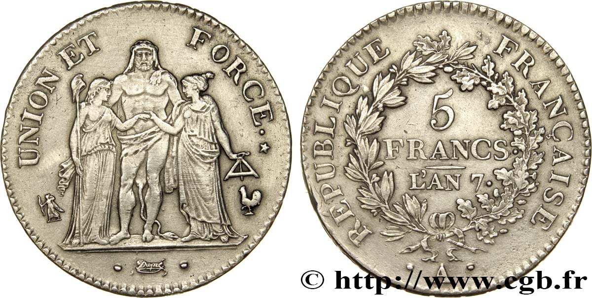 5 francs Union et Force, Union serré, seulement gland extérieur 1799 Paris F.288/102 TTB+ 