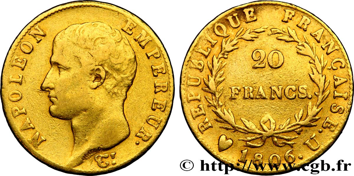 20 francs or Napoléon tête nue, calendrier grégorien 1806 Turin F.513/4 VF35 