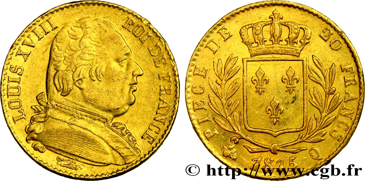 20 francs or Louis XVIII, buste habillé 1815 Perpignan F.517/17 TTB50 