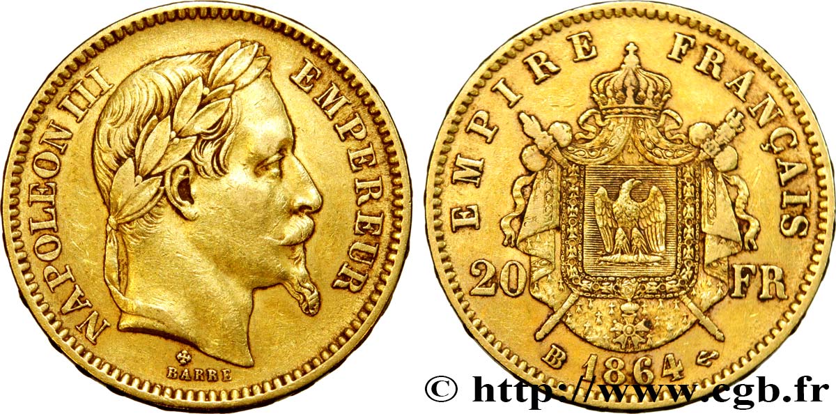 20 francs or Napoléon III, tête laurée 1864 Strasbourg F.532/10 BB45 
