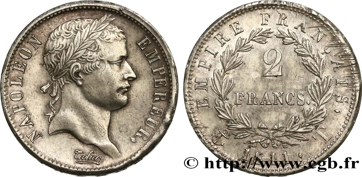 2 francs Napoléon Ier tête laurée, Empire français 1811 Nantes F.255/35 AU55 