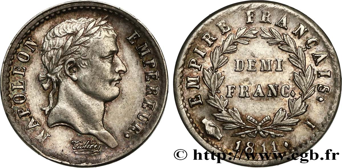 Demi-franc Napoléon Ier tête laurée, Empire français 1811 Limoges F.178/26 EBC55 
