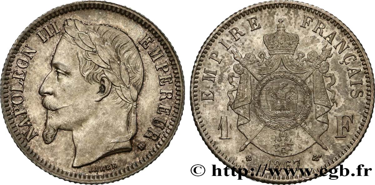 1 franc Napoléon III, tête laurée 1867 Strasbourg F.215/7 SUP62 