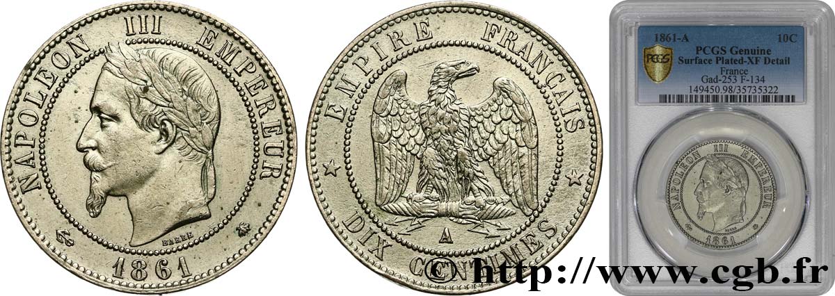 Dix centimes Napoléon III, tête laurée, nickelée 1861 Paris F.134/4 var. TTB PCGS