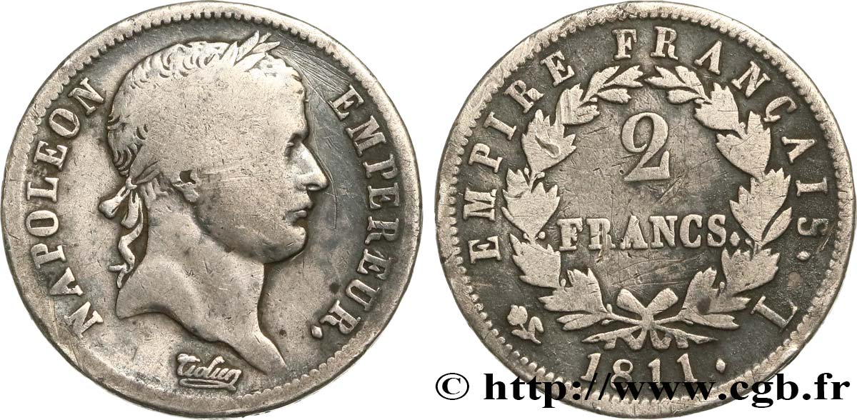 2 francs Napoléon Ier tête laurée, Empire français 1811 Bayonne F.255/31 F15 
