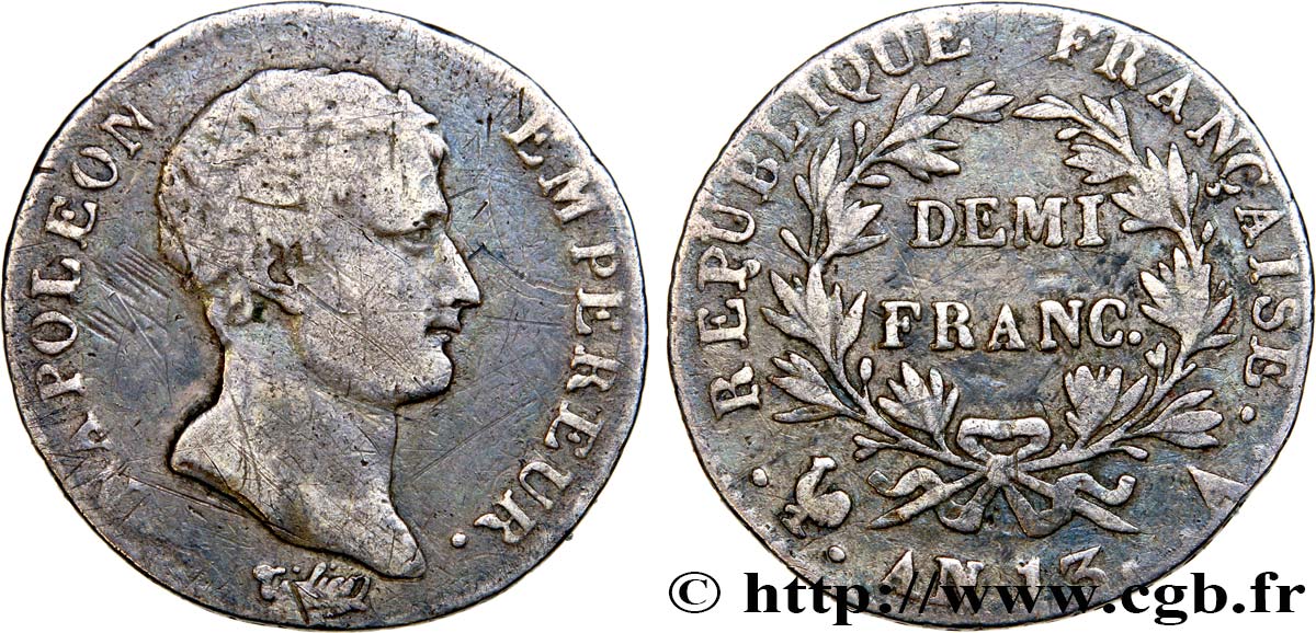 Demi-franc Napoléon Empereur, Calendrier révolutionnaire 1805 Paris F.174/10 TB25 
