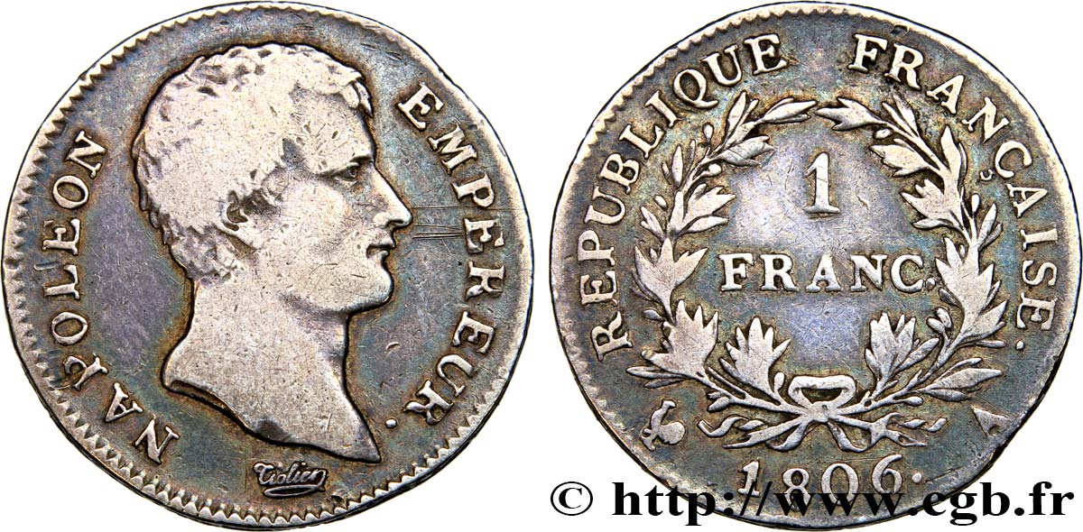 1 franc Napoléon Empereur, Calendrier grégorien 1806 Paris F.202/1 TB20 