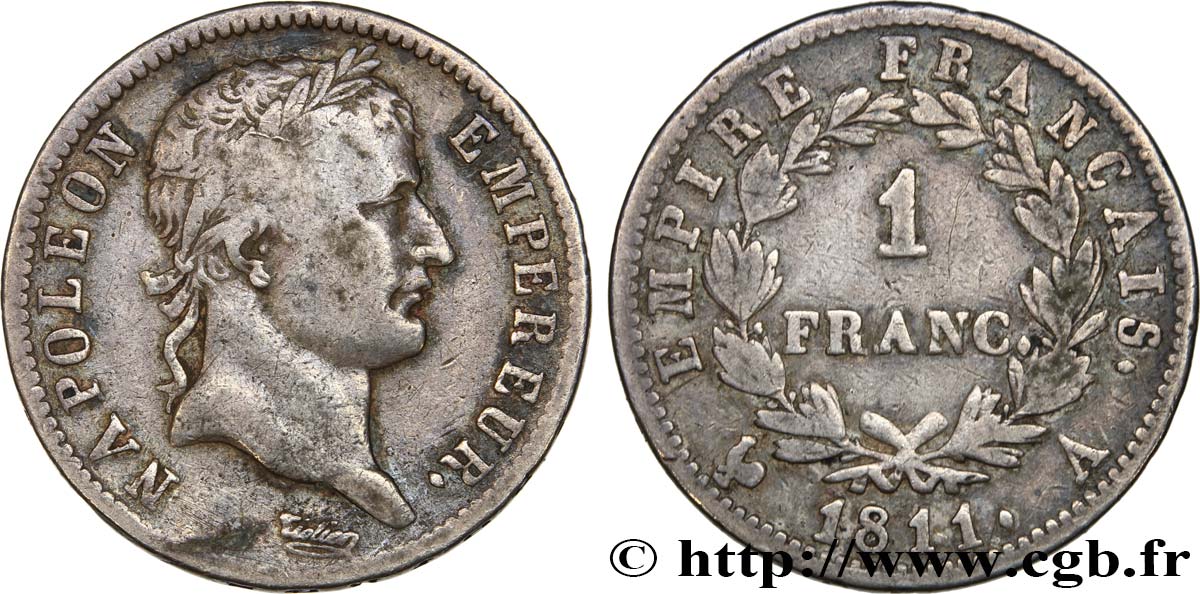 1 franc Napoléon Ier tête laurée, Empire français 1811 Paris F.205/28 TB25 