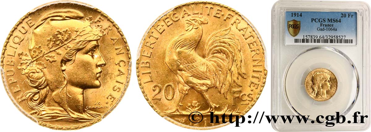 20 francs or Coq, Liberté Égalité Fraternité 1914 Paris F.535/8 SPL64 PCGS