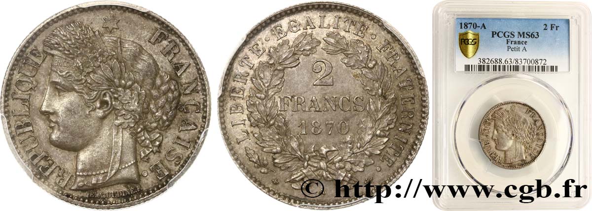 2 francs Cérès, avec légende 1870 Paris F.265/2 SC63 PCGS