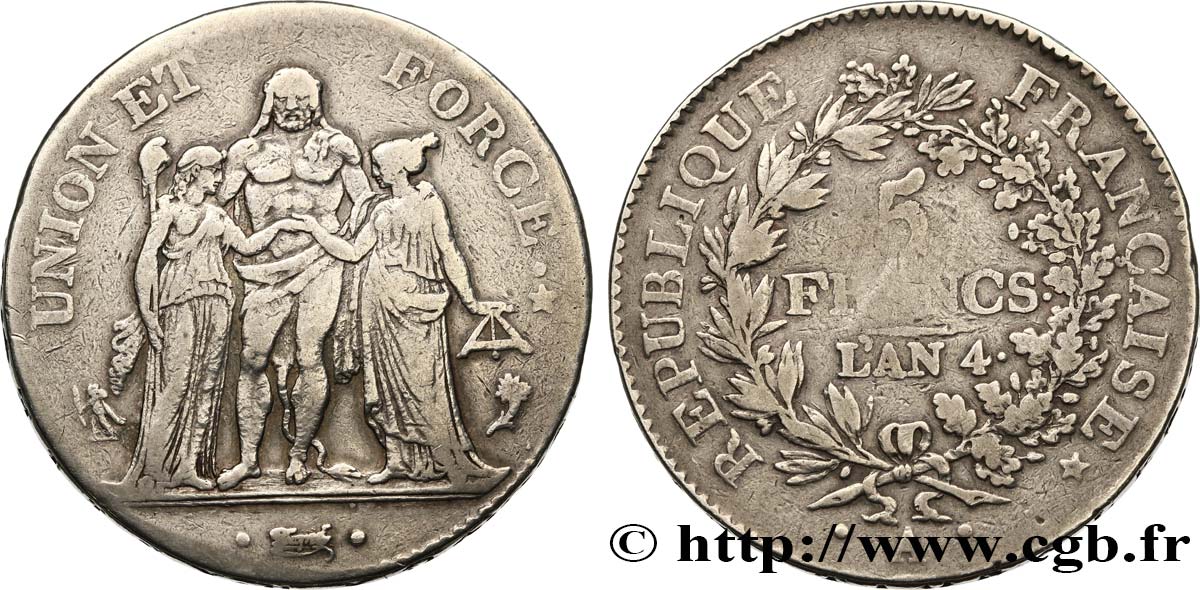 5 francs Union et Force, Union serré, avec glands intérieurs et gland extérieur 1796 Paris F.288/1 TB28
