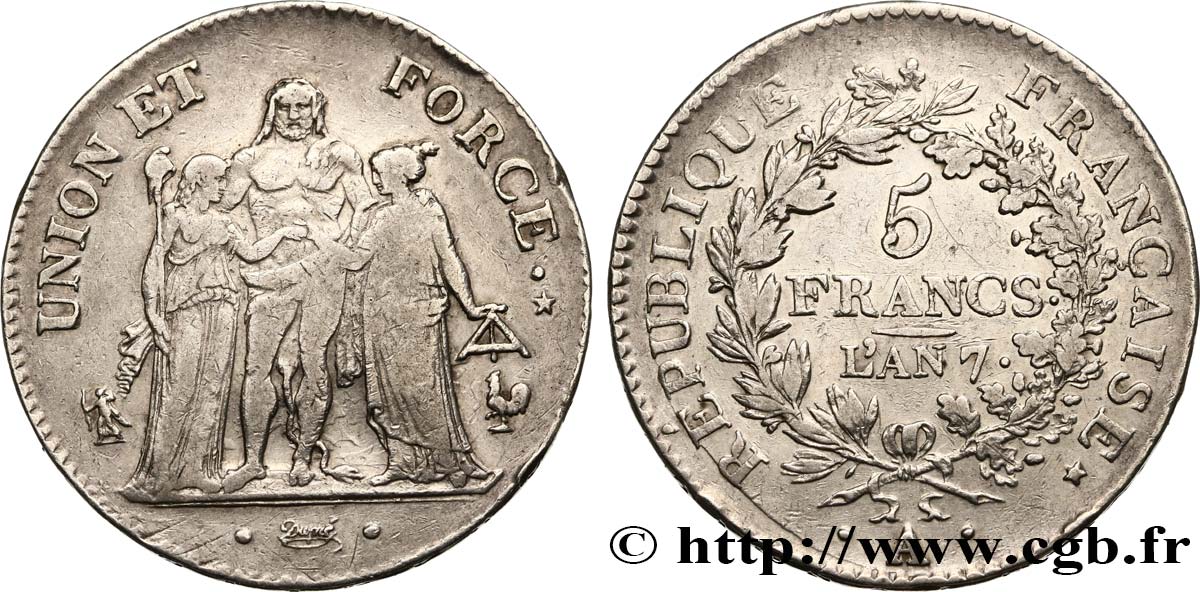 5 francs Union et Force, Union serré, avec glands intérieurs et gland extérieur 1799 Paris F.288/95 TB38 