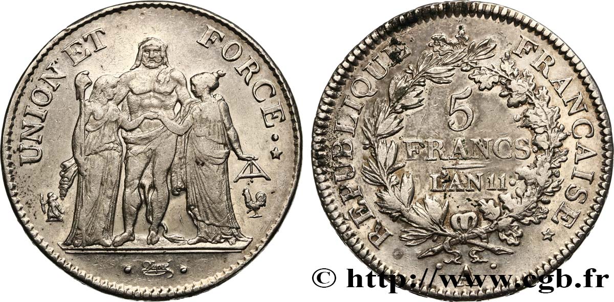 5 francs Union et Force, Union serré, seulement glands intérieurs 1803 Paris F.288/187 TTB48 