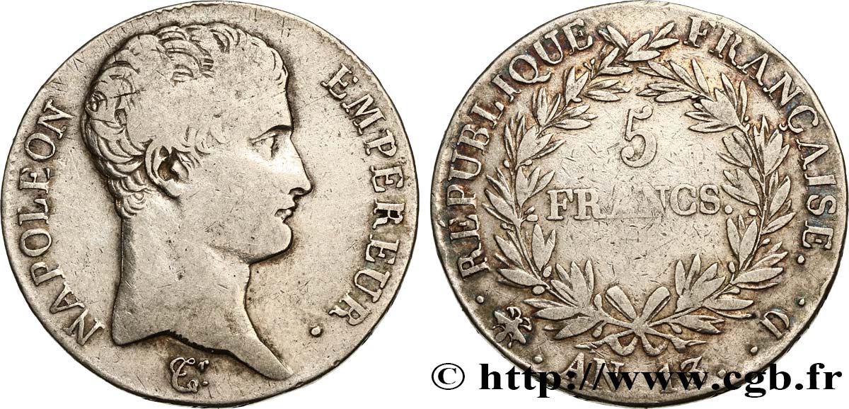 5 francs Napoléon Empereur, Calendrier révolutionnaire 1805 Lyon F.303/6 VF30 