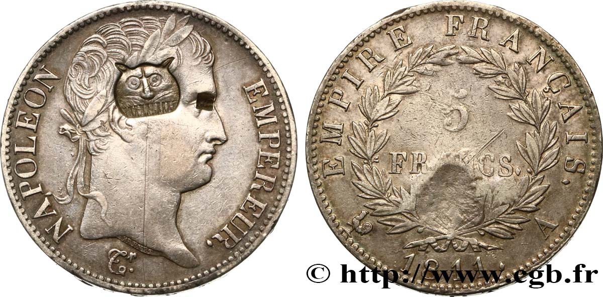 5 francs Napoléon Empereur, Empire français, contremarqué d’une tête de tigre 1811 Paris F.307/27 var. AU 