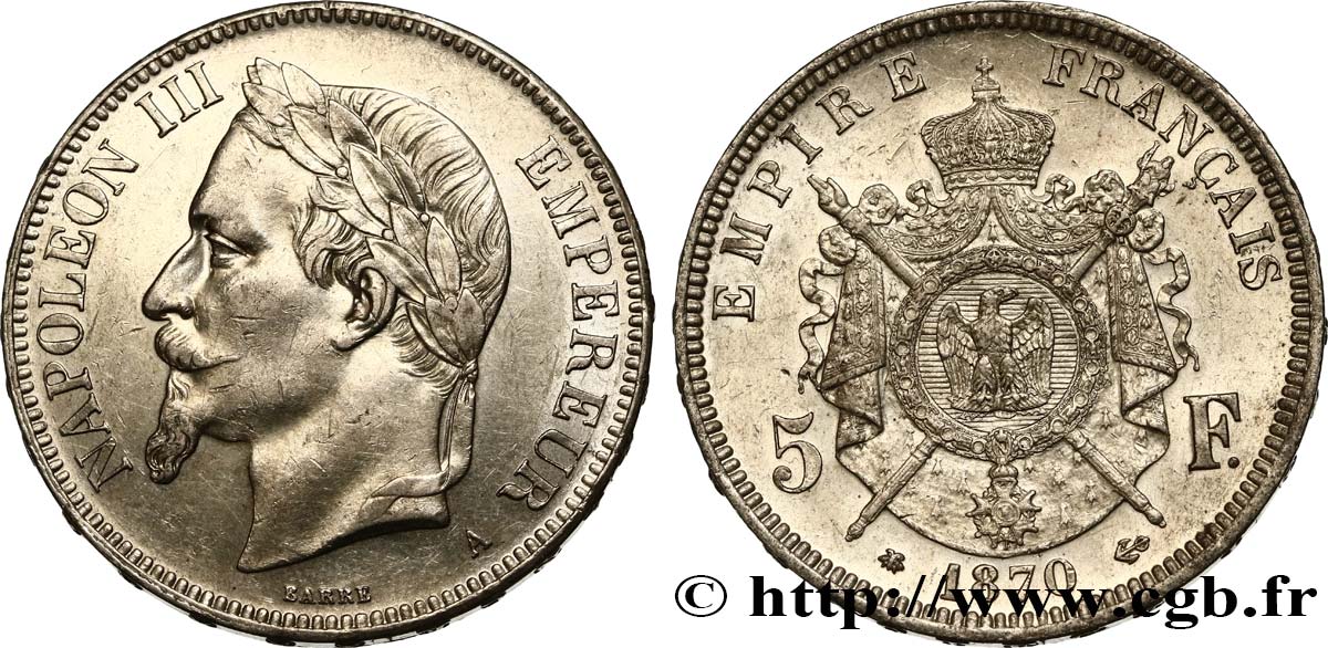 5 francs Napoléon III, tête laurée 1870 Paris F.331/16 TTB52 