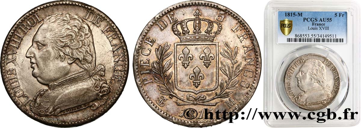 5 francs Louis XVIII, buste habillé 1815 Toulouse F.308/25 SUP55 PCGS