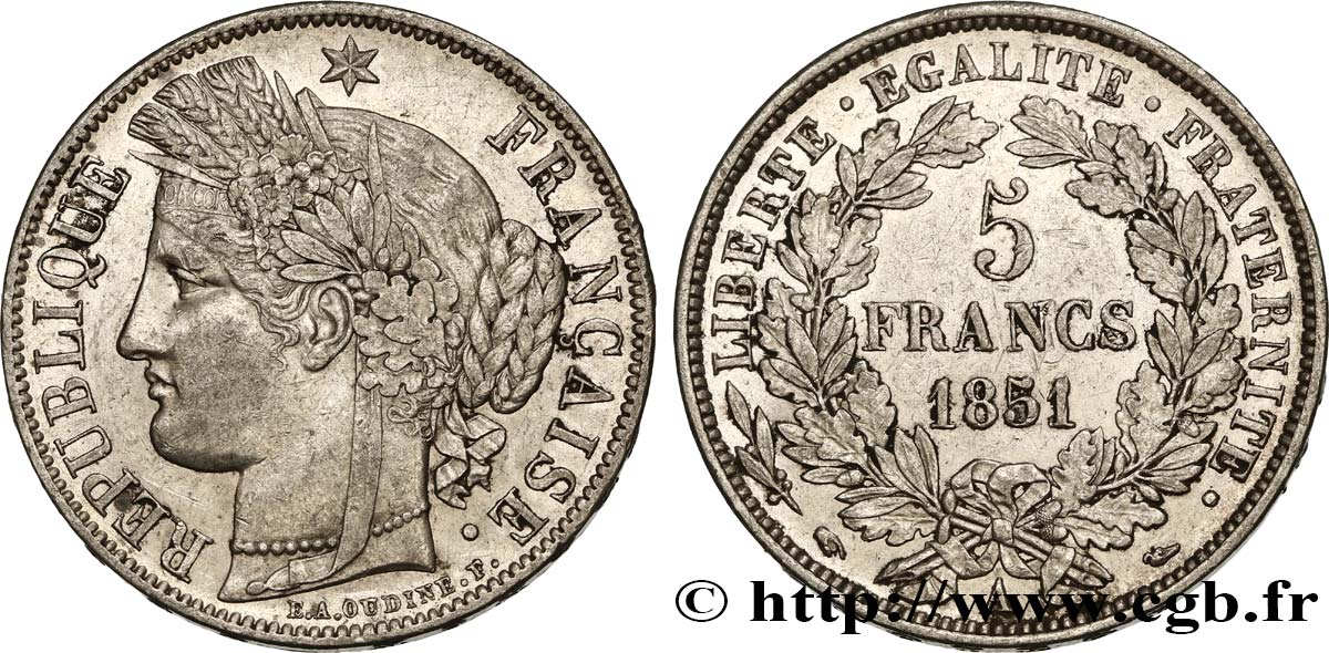 5 francs Cérès, IIe République 1851 Paris F.327/7 TTB50