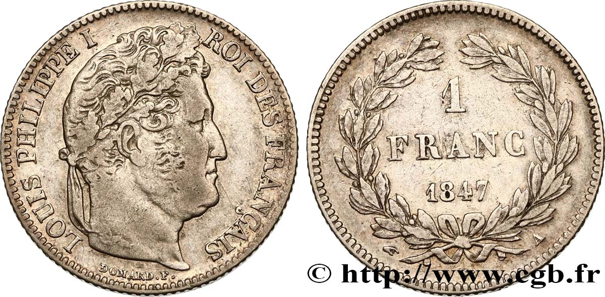 1 franc Louis-Philippe, couronne de chêne 1847 Paris F.210/110 VF35 
