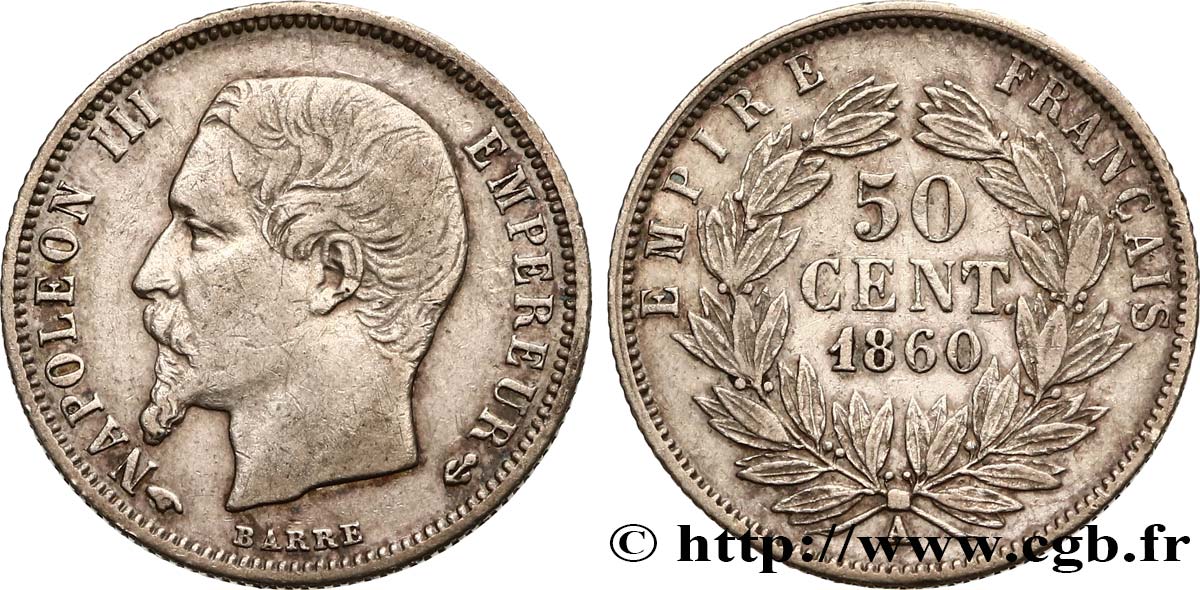 50 centimes Napoléon III, tête nue 1860 Paris F.187/13 XF40 