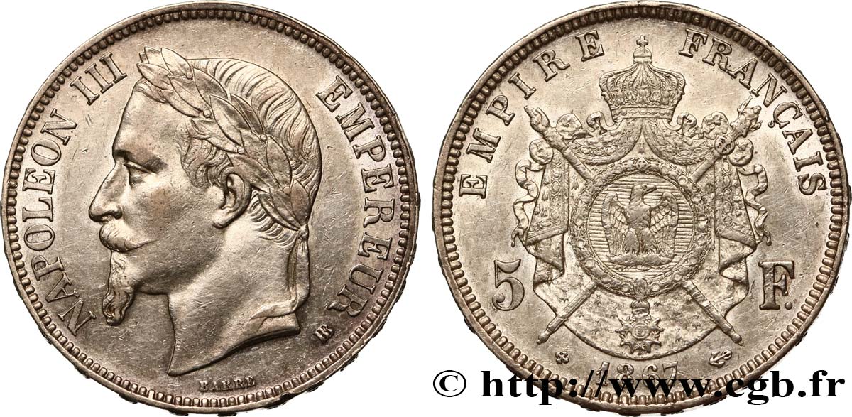 5 francs Napoléon III, tête laurée 1867 Strasbourg F.331/11 AU50