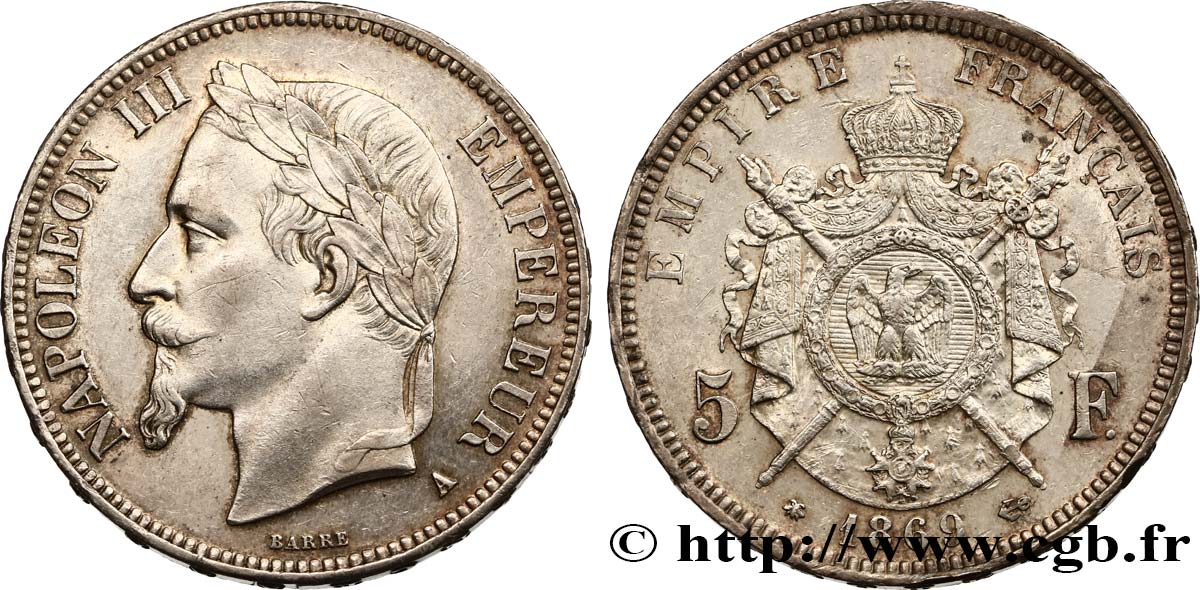 5 francs Napoléon III, tête laurée 1869 Paris F.331/14 AU52 