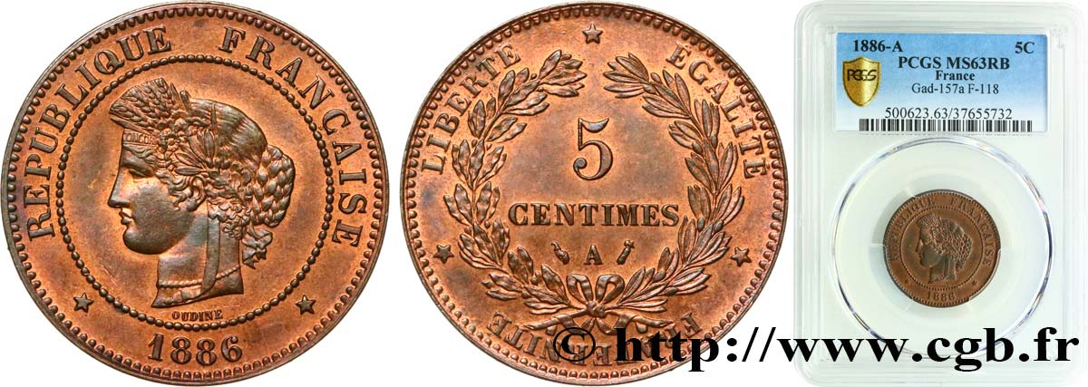 5 centimes Cérès 1886 Paris F.118/28 SPL63 PCGS