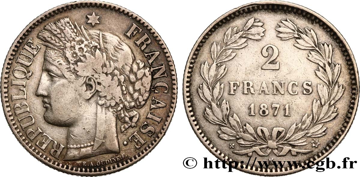 2 francs Cérès, sans légende 1871 Bordeaux F.264/4 XF40 
