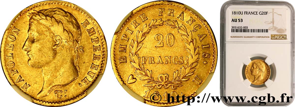 20 francs or Napoléon tête laurée, Empire français 1810 Turin F.516/14 AU53 NGC