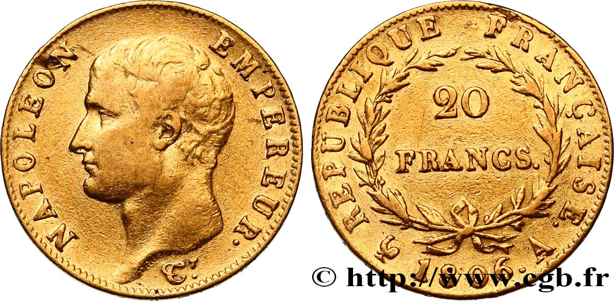 20 francs or Napoléon tête nue, Calendrier grégorien 1806 Paris F.513/1 TB+ 