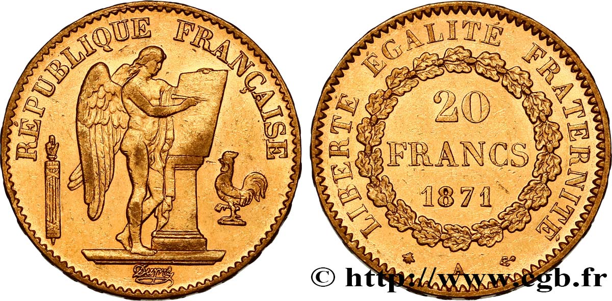 20 francs or Génie, IIIe République 1871 Paris F.533/1 XF48 