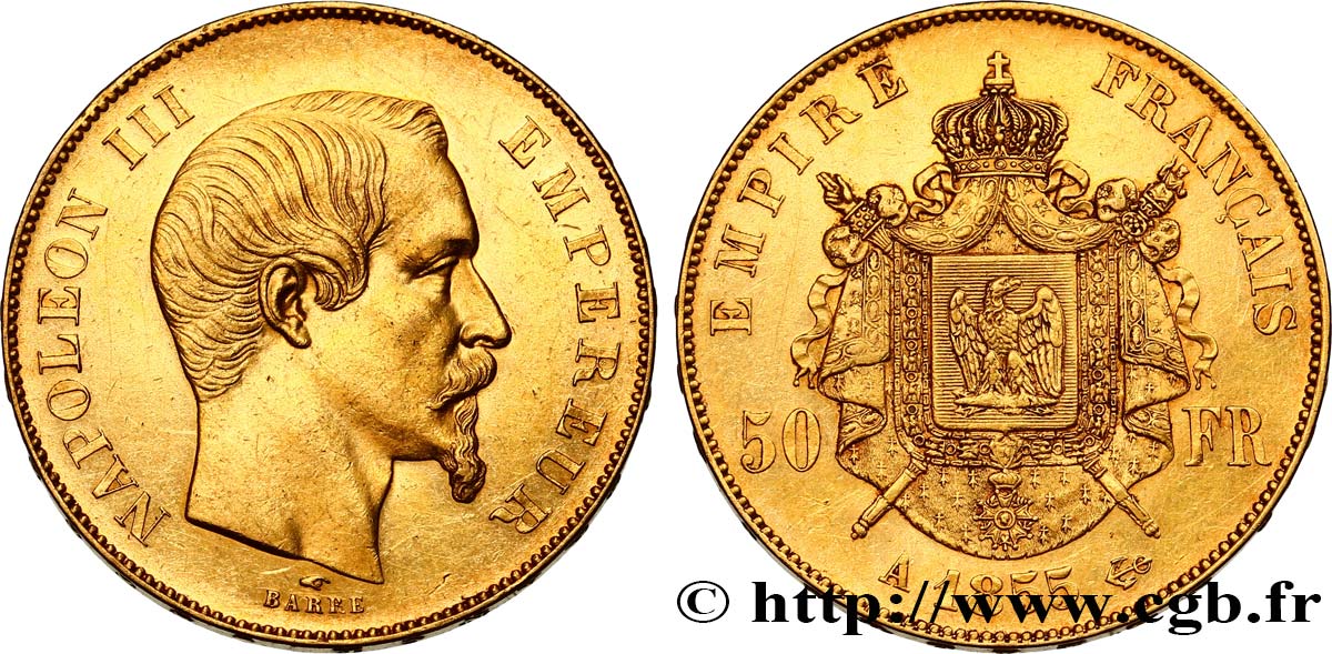 50 francs or Napoléon III, tête nue 1855 Paris F.547/1 AU54 